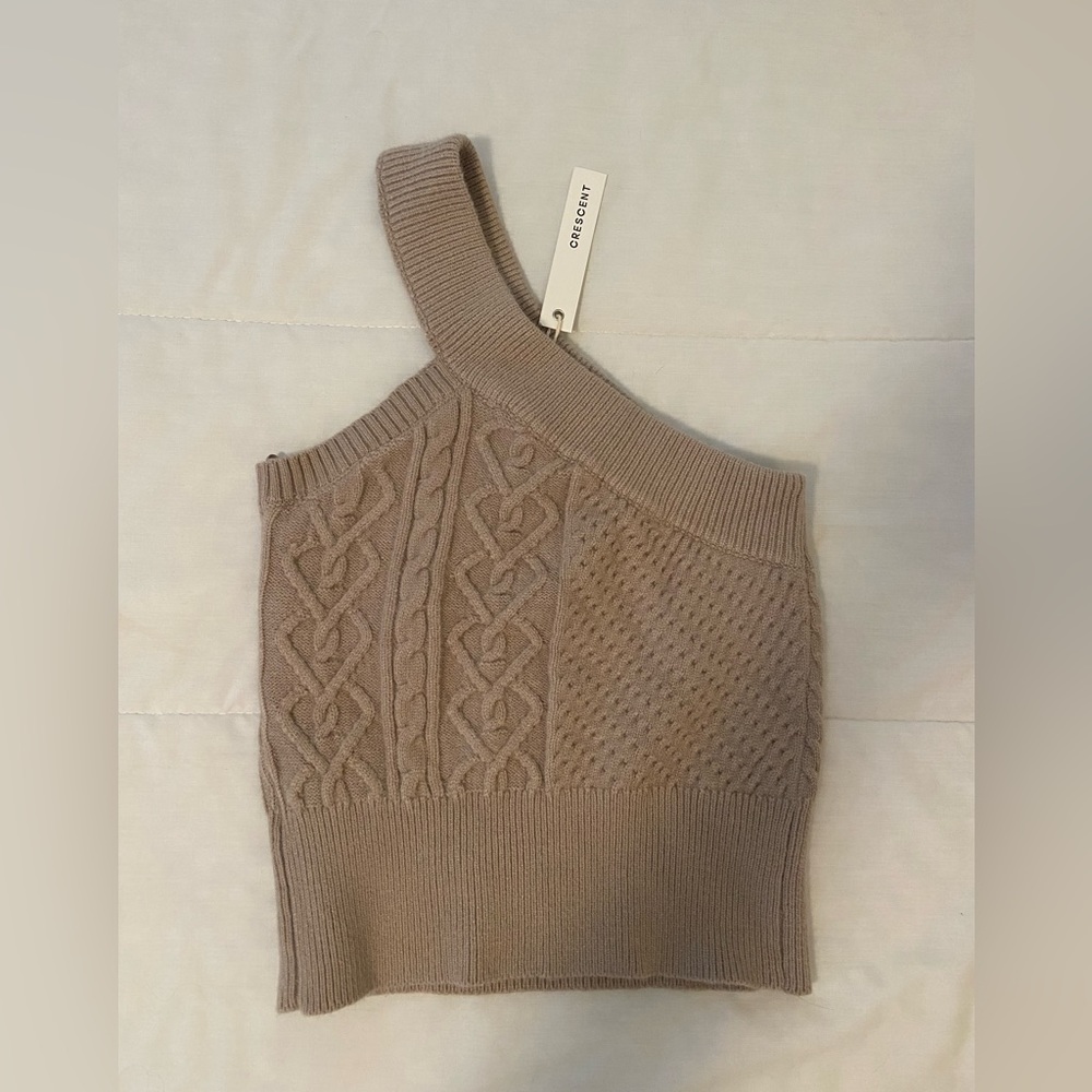 Crescent Beige Cableknit One Shoulder Sweater Top